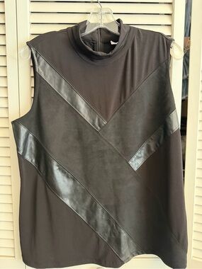Calvin Klein Black Sleeveless Mock-Neck Dress with Faux-Leather Panels